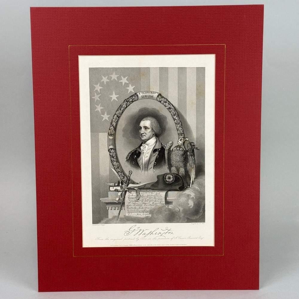 1856 George Washington Steel Engraving Portrait G.R. Hall Patriotic Print Matted